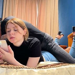 Young Stepmom in Skinny Jeans: Ignoring Stepsons Dry Hump