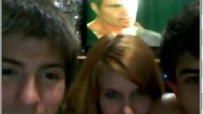 Lovely redhead teen friend on webcam having oral threesome with us