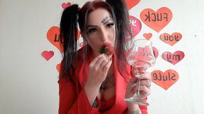 Happy Valentine&#039;s Day! Dominatrix Nika congratulates you and gives you a present. Incredibly delicious cocktail of spit