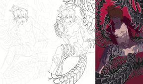 Drawing my OC dragon smut while cum drips on the page