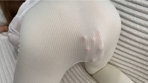 Pink Surprise Under White Leggings. White Outfit Tease