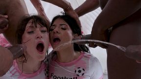 4 on 2 hardcore orgy with cute mina k and emily white assfucked together with dap 0% pussy and pissed by 4 guys