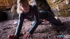 Shiny Rubber Wetsuit Tease in Private Cave