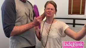 Innocent sub girlfriend deepthroated with huge pink dildo