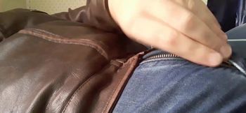 Edge and Cum on New Brown Leather Jacket