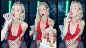 Lady in red Chain smokes marlboro