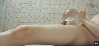 Boy in bathroom solo with toy💦