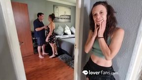 Our friend playing with herself as she is spying on us while we fuck