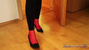 Red Stockings, High Heels &amp; Black Leggings Tease