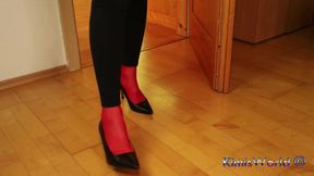 Red Stockings, High Heels &amp; Black Leggings Tease