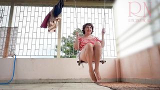 Maid outdoor have no lingerie on a swing vintage