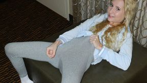 Odette Delacroix Skin Tight Heather Grey Cotton YOGA PANTS and Socks with Flirty Cock Tease Jerk Off Encouragement! "Do you want to cum for me? I really don't mind! I want to see that big load you have been saving for me!"