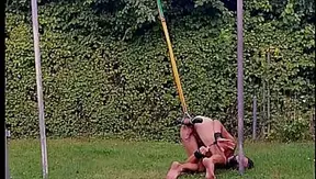 naked pathetic white slave outdoor testicles in humbler tied up, handcuffed, ready get