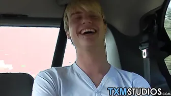Skinny twink picked up for car threesome with anal and blowjobs