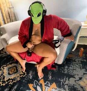 Alien Bathrobe Daddy Jerking Out Moaning Cumshot From Big Black Dick With Prostate Toy Inserted BBC