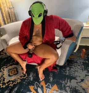 Alien Bathrobe Daddy Jerking Out Moaning Cumshot From Big Black Dick With Prostate Toy Inserted BBC