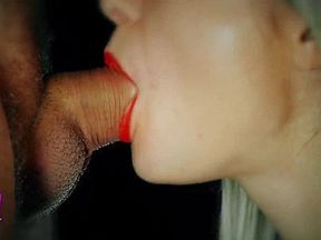 Gentle fellatio with red lipstick and double cum in mouth