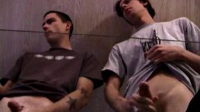 Jayden and Dan grease up their wood and we get close-ups of their horny faces. Jayden sports 8 inches and Dan holds his own. Always the instigator, Dan suggests they cum all over the glass table.