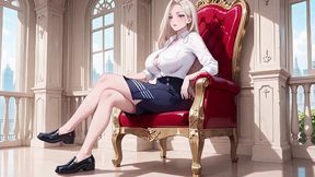 ai generated - from lazy desk to private bedroom! white shirt slightly sheer, tight skirt hugging curves. sun-drenched and teasing, she touches her chest shyly while looking back.