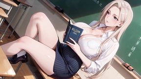 ai generated - from lazy desk to private bedroom! white shirt slightly sheer, tight skirt hugging curves. sun-drenched and teasing, she touches her chest shyly while looking back.