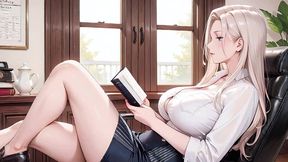 ai generated - from lazy desk to private bedroom! white shirt slightly sheer, tight skirt hugging curves. sun-drenched and teasing, she touches her chest shyly while looking back.