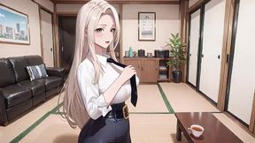 ai generated - from lazy desk to private bedroom! white shirt slightly sheer, tight skirt hugging curves. sun-drenched and teasing, she touches her chest shyly while looking back.