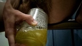 hairy baby pisses in jar for daddy s drink