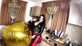 shiny inflatable balloon fetish. leather smoking, spitting and double cum licking