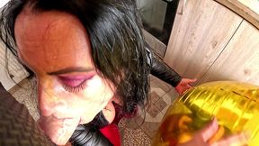 shiny inflatable balloon fetish. leather smoking, spitting and double cum licking