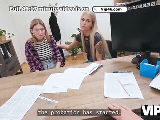 VIP4K. Marvelous blond with natural breasts came to get a job and to bang on a tabletop
