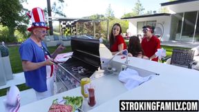 Two hot milfs and a teen get down and dirty with hairy pussies