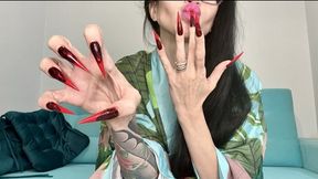 RED color Long nails, sharp stilettos, palms, long fingers and hands worship, lingerie and silk robe on me