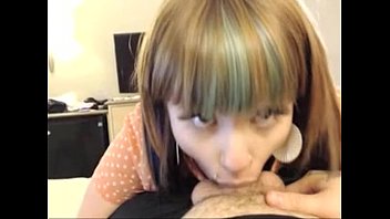 Chubby Tattooed Girl with bangs sucks limp dick to life