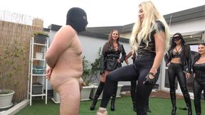 Hard Ballbusting in Leather with 5 Mistresses