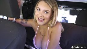Big tiddied blonde girl gets her pussy eaten and rubbed in a car