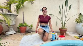 messy anal food play with april: yogurt, cream, banana, grapes & pool orgasm