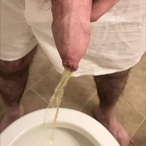 Front view of my hairy uncut white cock candid pissing in the toilet, 4k compilation