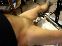 Fuck machine sounding my cock in chastity cage