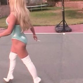 Blonde Bimbo with Big Fake Breasts Gets Perfect Drilling by Two Huge Packed Guys