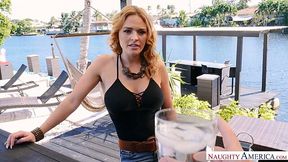 Captivating red head Krissy Lynn gives a blowjob and gets banged