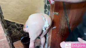 BDSM bondage slut mouth taped, covered with foam and used rough