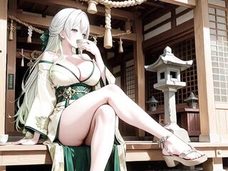 Silver-haired Shrine Maiden Secrets! Languidly Reclining in a Red Corridor, Her Stripped Shoulders and Lush Thighs Bare