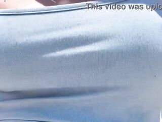 European Stepmom Public Large breasts Bouncing for a walk outdoor