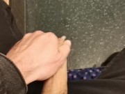 Horny uncut teen jerking and cumming on public train