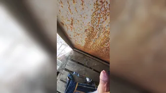 Twink jerks his big cock in public restroom