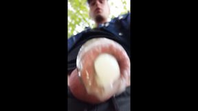 Boy Walks with Cum Filled Condom on His Uncut Dick After Fuck Outdoor