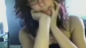 Nerdy curly haired teen fondles her tight tits on webcam