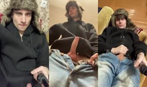 Guy gushes thick cum upside down on jacket in black gay solo session