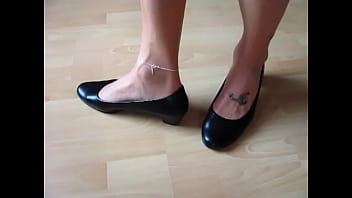 secretary pumps - shoeplay, nylons, anklet, tattoo and low heeled pumps