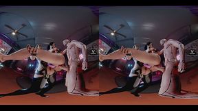 Claire Russel enjoy standing Double Penetration with strapon and dick between Meredith Stout and Cyberpunk 2077 guy